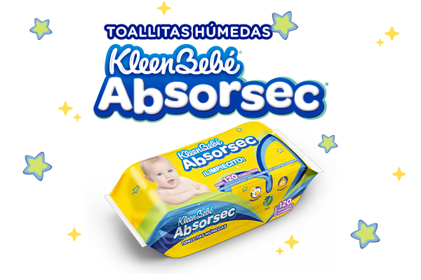 KleenBebé® Absorsec® Toallitas Con vitamina E, fibras naturales y suave aroma a manzanilla para la mejor limpieza de tu bebé.