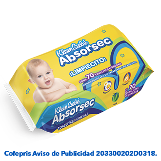 KleenBebé® Absorsec® Toallitas Con vitamina E, fibras naturales y suave aroma a manzanilla para la mejor limpieza de tu bebé.