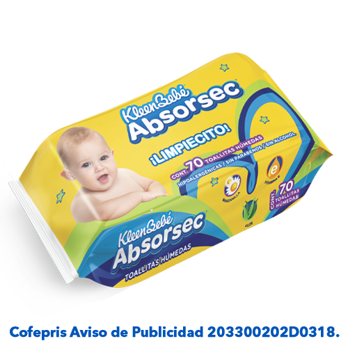 KleenBebé® Absorsec® Toallitas Con vitamina E, fibras naturales y suave aroma a manzanilla para la mejor limpieza de tu bebé.