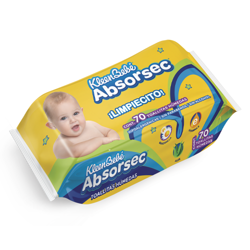 KleenBebé® Absorsec® Toallitas Con vitamina E, fibras naturales y suave aroma a manzanilla para la mejor limpieza de tu bebé.