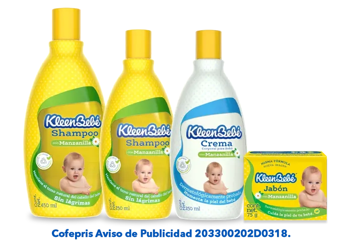 KleenBebé® Suavelastic® Cuida y mantén el tono natural del cabello de tu bebé con Shampoo KleenBebé®, que por su extracto de manzanilla y aloe vera, ayuda a proteger y eliminar impurezas dejándolo suave, sedoso y manejable por más tiempo.